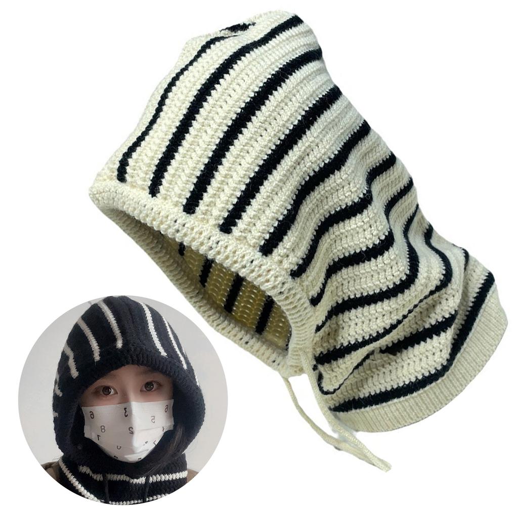 Warm Stripe Balaclava Cap Crochet Hooded Scarf Hat for Skiing Hiking Universal Lady Windproof Shawl Hat with Neck Covers