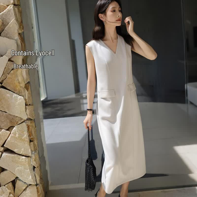 IHIMI Lyocell V-Neck Sleeveless Midi Dress M