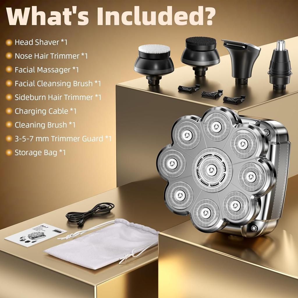 9D Head Shavers for Bald Men, 5 In 1 Detachable Head Shaver with LED Display, IPX7 Waterproof Rechargeable Electric Shavers for Men Grooming Kit