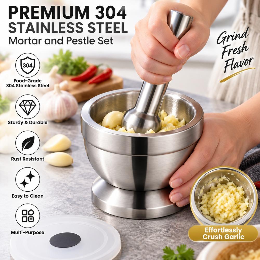 Stainless Steel Mortar And Pestle Set Silver Garlic Grinder Bowl  Spice Preparation