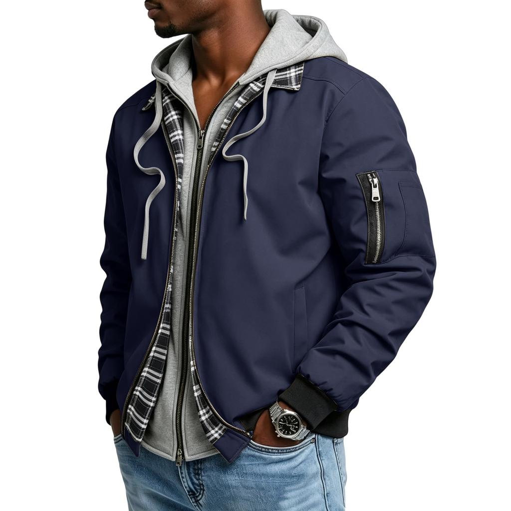 Men's Color Block Zip-Up Hooded Jacket, Two-Piece Warm and Thick Casual Outdoor Coat