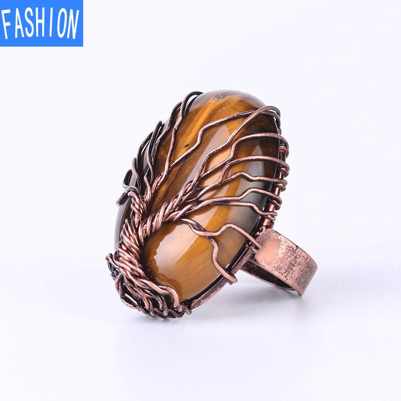 

Винтажное медное кольцо ручной работы из проволоки, круглое регулируемое кольцо с натуральным кристаллом Tree Life TigerEye