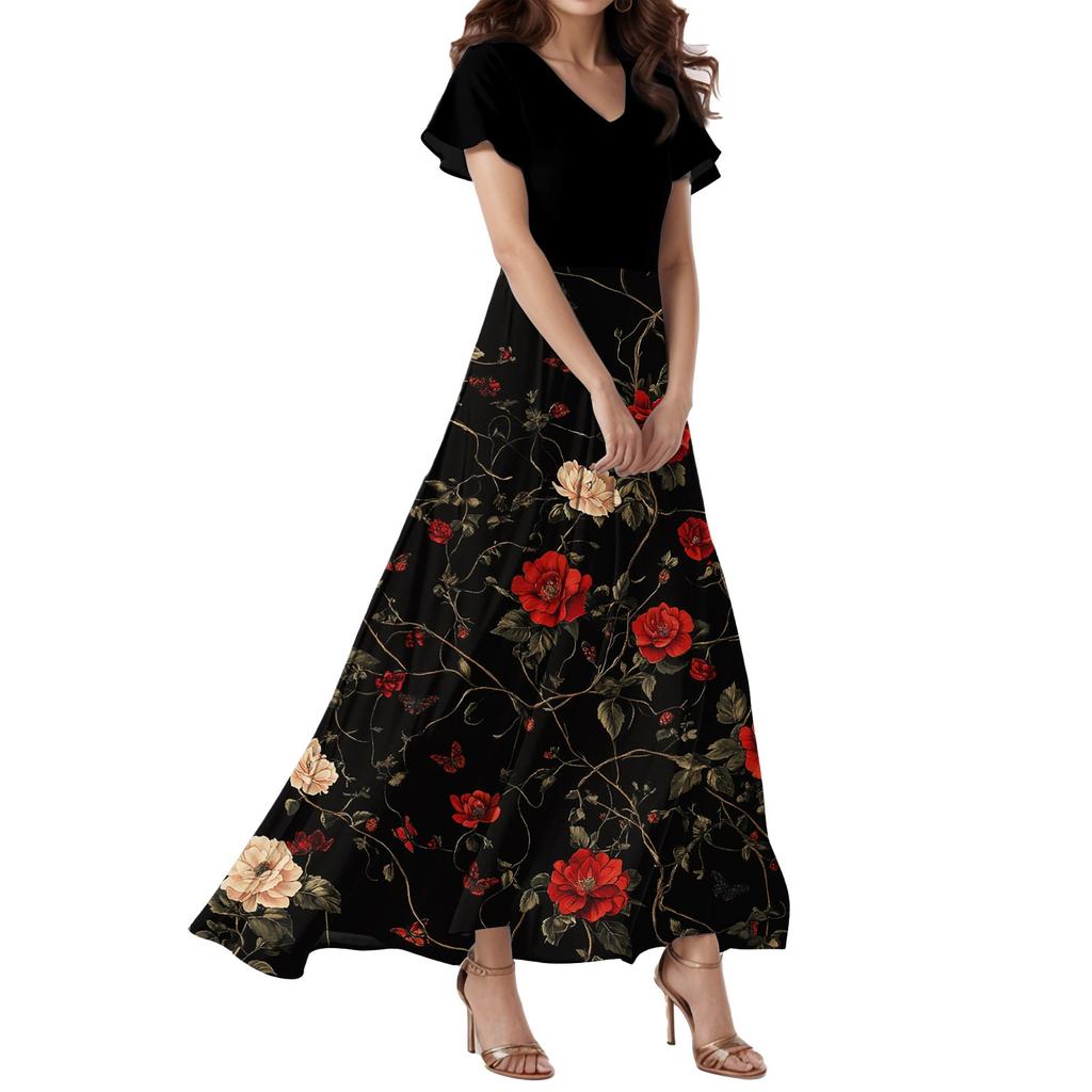 Women's Loose Casual  V-Neck Short Sleeved High Waisted Floral Print Dress Floral Print Dress