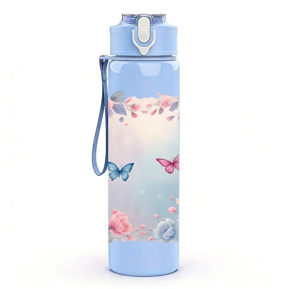 1PC Pink Butterfly Flower Frame Art 750ml Color Plastic Sports Water Bottle Leakproof Flip Straw Lid For Sports Office Home Use