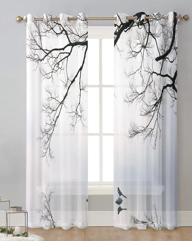 Chinese Style Tree Winter Bird Reflection Sheer Curtains for Living Room Decoration Window Curtains Kitchen Tulle Voile Curtains