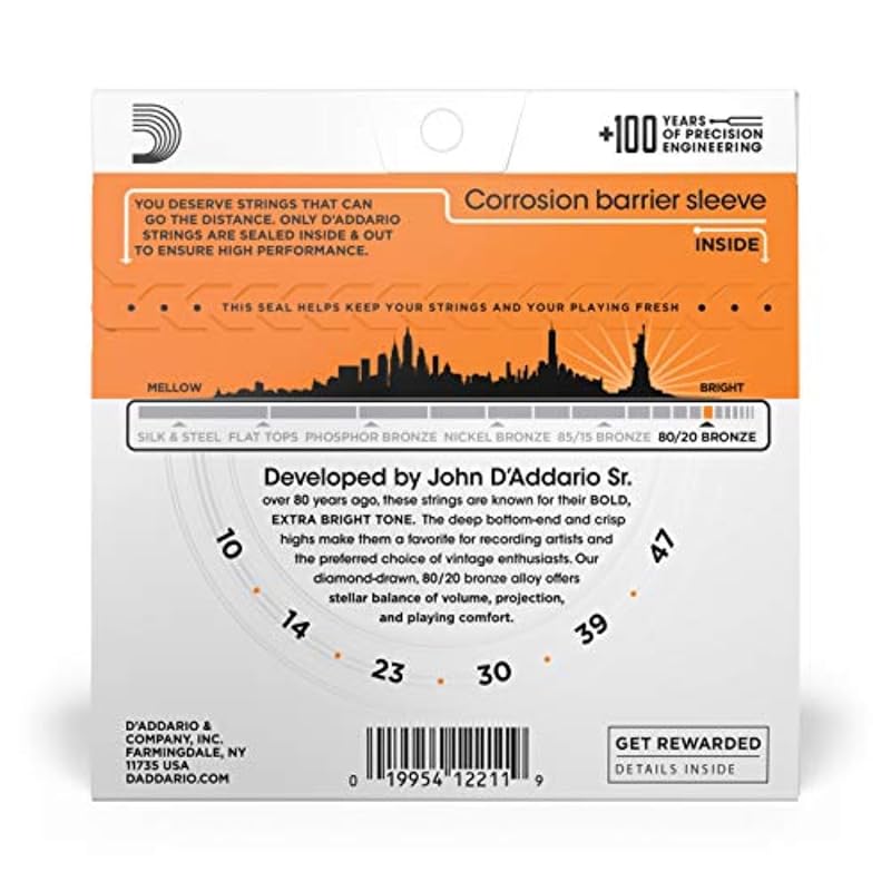 D'Addario Acoustic Guitar Strings 80/20 Bronze Extra Light .010-.047 EJ10 [Domestic Genuine Product]