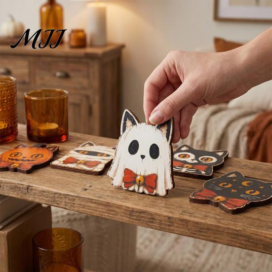 Fall Home Decor for Tables Vintage Halloween Wooden Decor, Cat Mummy Skeleton Figurines, Festive Tabletop Farmhouse Centerpiece Shelf Mantel