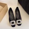 2025 spring and autumn new thick heel French rhinestone temperament single shoes women's middle heel square head commuting fashion shallow mouth wome