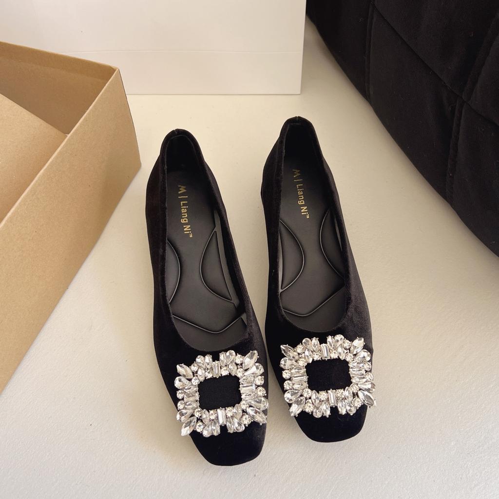 2025 spring and autumn new thick heel French rhinestone temperament single shoes women's middle heel square head commuting fashion shallow mouth wome