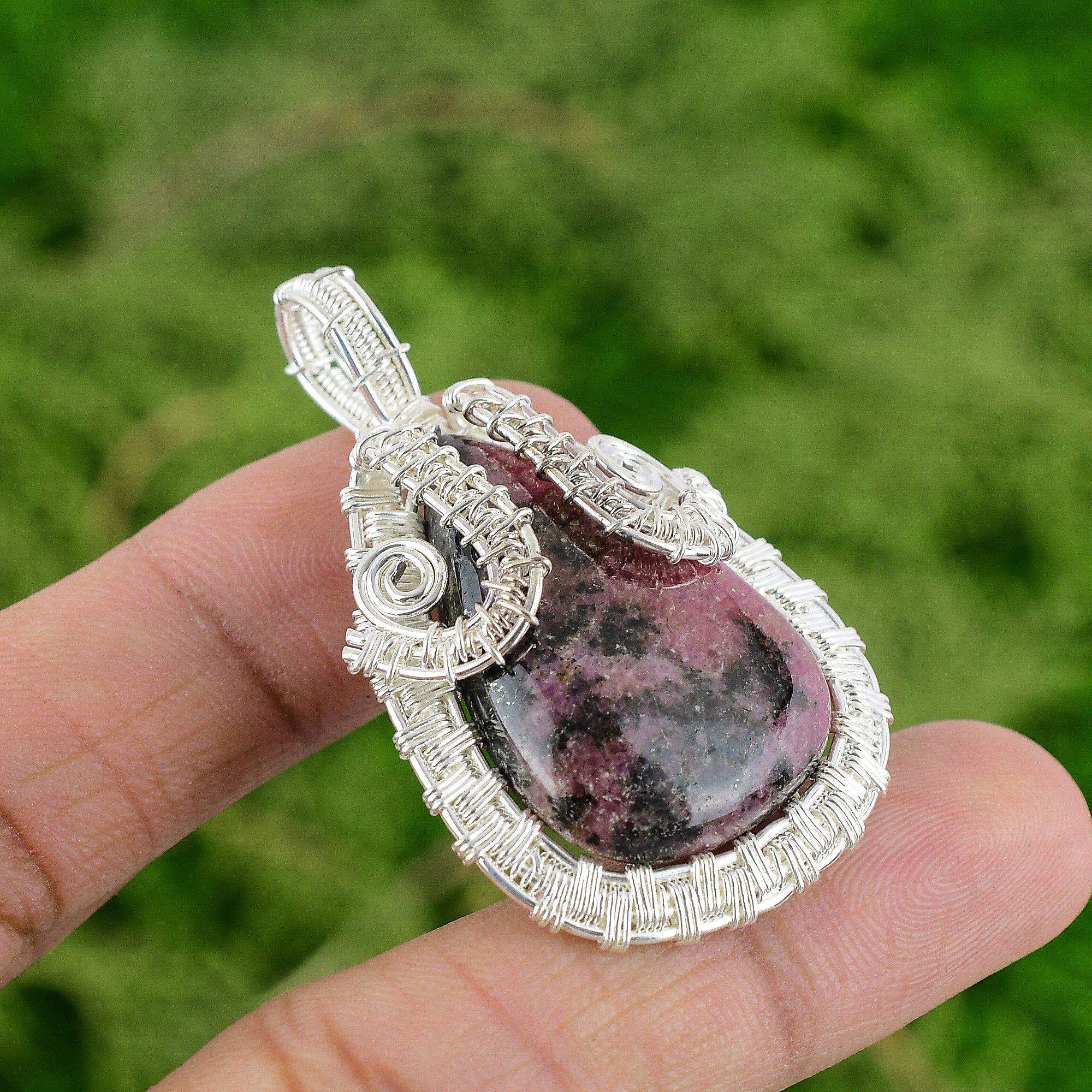 

Daughters Day Deal Sterling Silver Natural Rhodonite Wire Wrap Pendant Jewelry