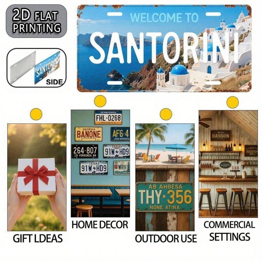 Santorini Vintage Kennzeichen 5,9x11,8 Zoll Griechische Inseln Stil Aluminium Auto Schild für Auto SUV LKW, Wunschkennzeichen, Geschenk für Reisende Heimdekoration