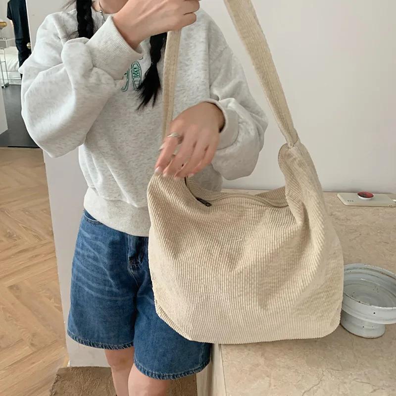 Large Capacity Women's Shoulder Bag Retro Corduroy Female Commute Shopping Bags Solid Color Ladies Simple Tote Purse Handbags