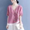 Womens Pink Floral Embroidered Linen Blouse Casual V Neck Wrap Short Sleeve Top