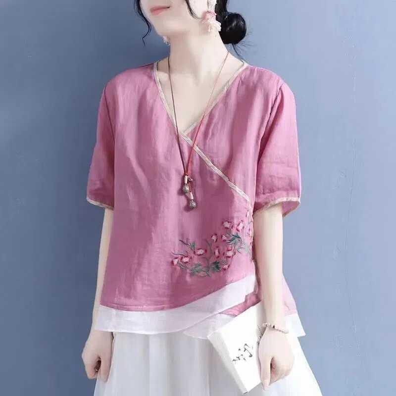 Womens Pink Floral Embroidered Linen Blouse Casual V Neck Wrap Short Sleeve Top