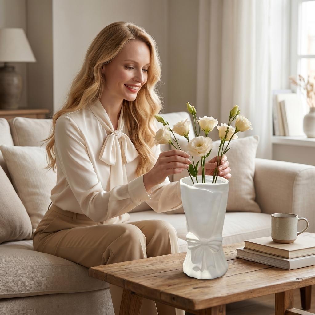 Creative Bowknot Vase Decorative Tabletop Ornament Ceramic Flower Vase for Home Office Living Room Modern Design