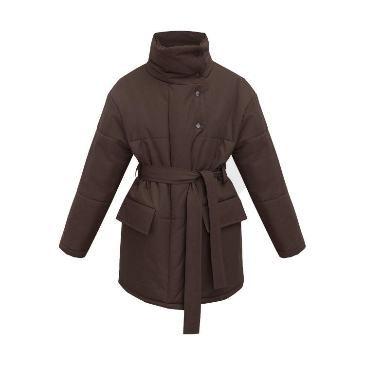 Autumn Winter Women Stand Collar Cotton Coat Medium Long Belted Jacket with Irregular Button Design Temperament