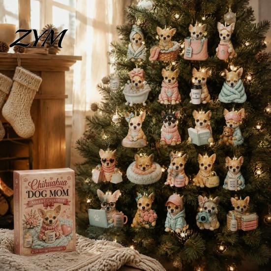 Regalo Conto alla Rovescia per Amanti dei Cani Calendario dell'Avvento a 24 Giorni, Carini Ornamenti Appesi Piatto 2D Chihuahua, Unico Acrilico Diverso per Mamme e Papà
