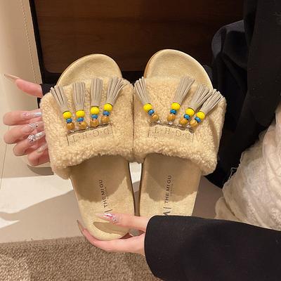 Retro Tassel Fluffy Slippers Women's 2025 Autumn New Wear Versatile Casual Soft Bottom Lazy One-word Drag
