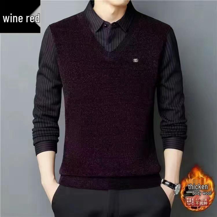 Woodpecker Men's Fleece-Lined Two-Piece Chenille Sweater with Shirt Collar