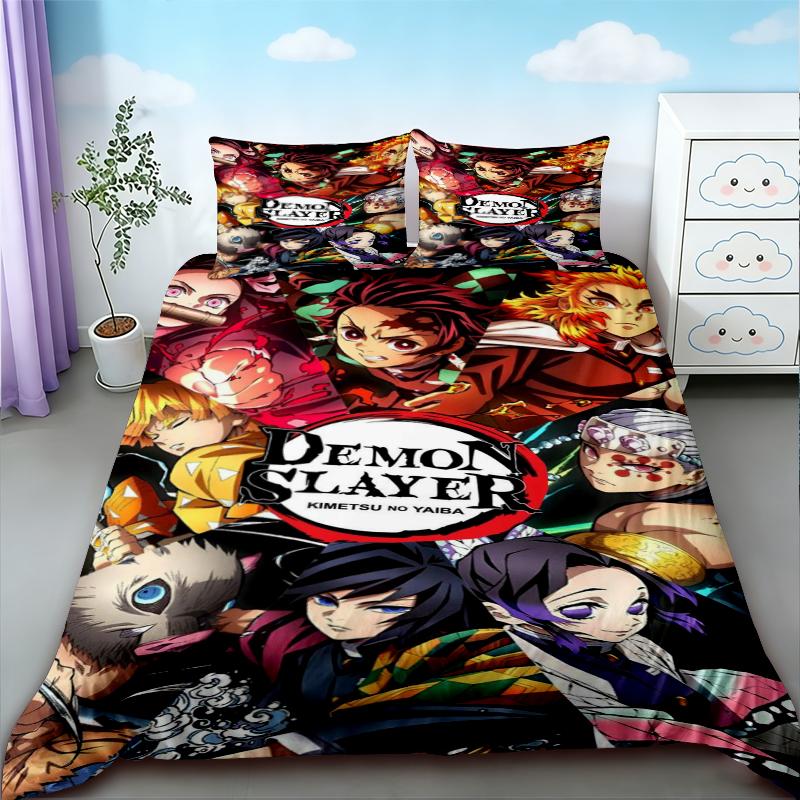 Copripiumino Demon Slayer Kimetsu No Yaiba Kamado Nezuko Anime Set Biancheria da Letto in Poliestere Set Copripiumino Stampato Cartone Animato Decorazione per la Casa