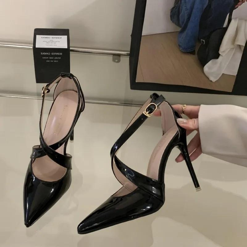 Fashion Patent Leather Pointed Toe Shoes Women Pumps Sexy Buckle Strap 11cm High Heels Elegant Spring Office Footwear Tacones