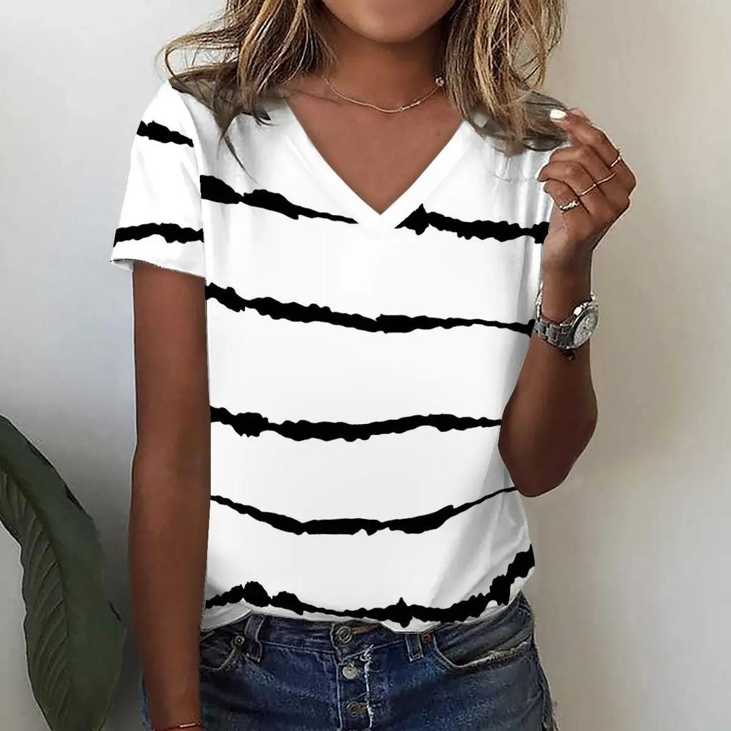Summer Round Neck 3D Stripe Print T-shirts Fashionable Casual Short Sleeved Women's T-shirts