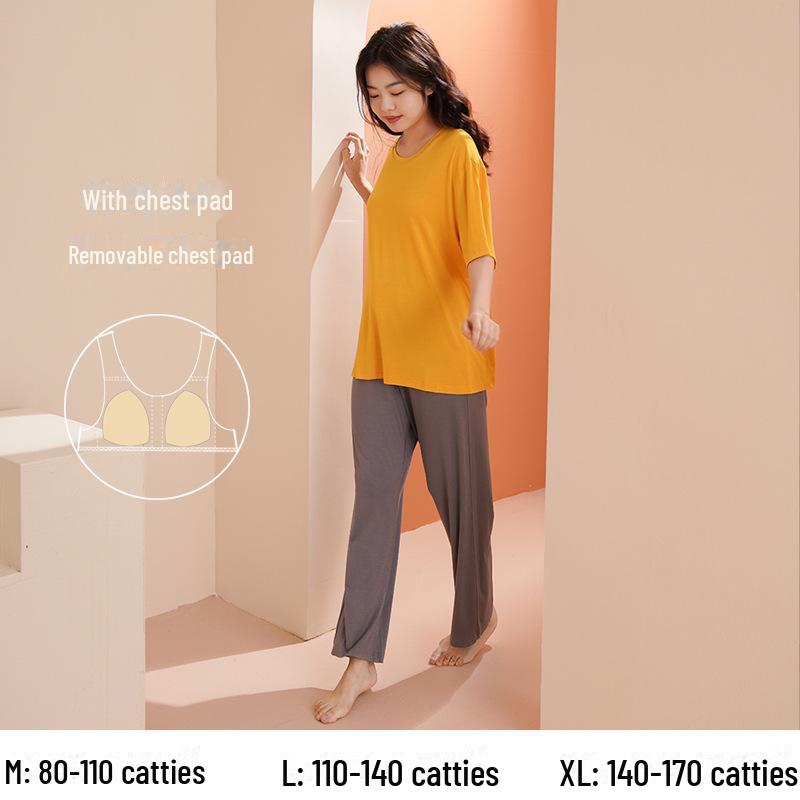 Women's Summer Short-Sleeve Modal Cotton Pajama Set with Chest Pad