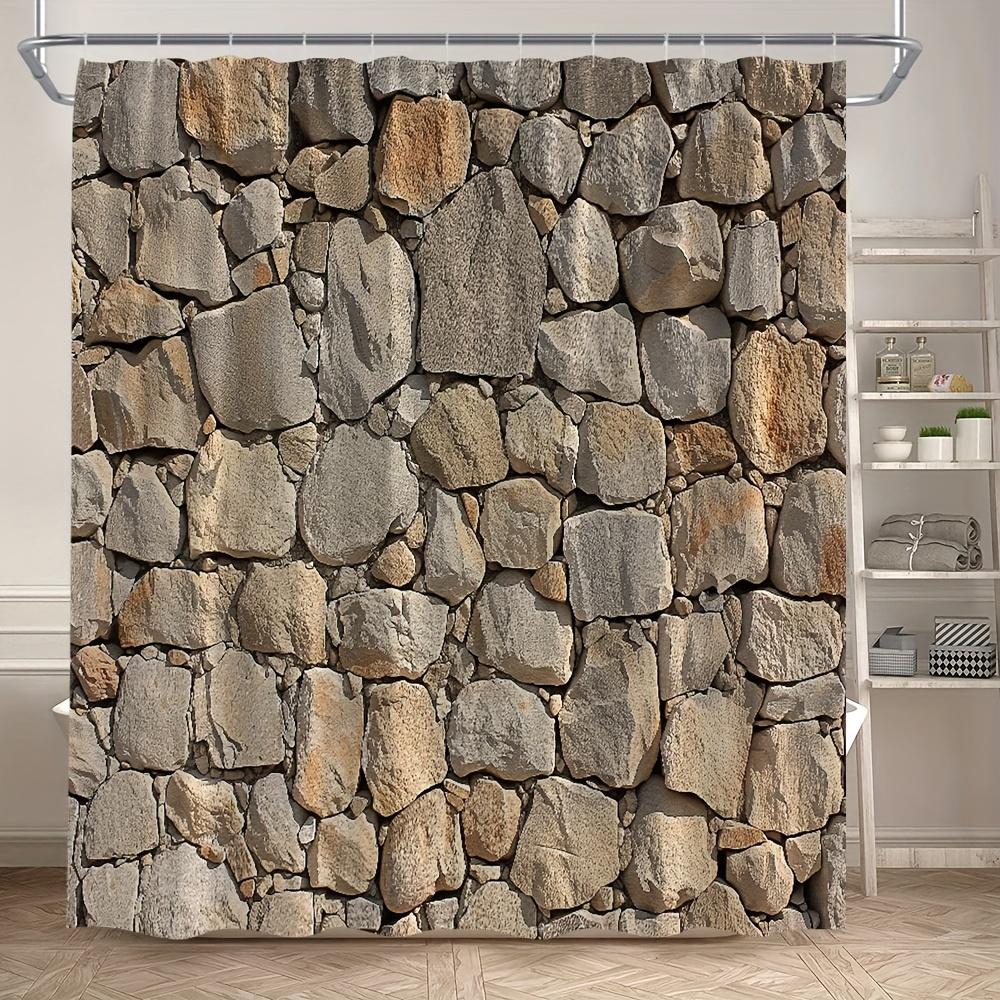 

Stone Brick Wall Shower Curtain, Pastoral Farmhouse Design, Brown Gray Marble Rock Print, Machine Washable W60H190(CM)-1 Pcs