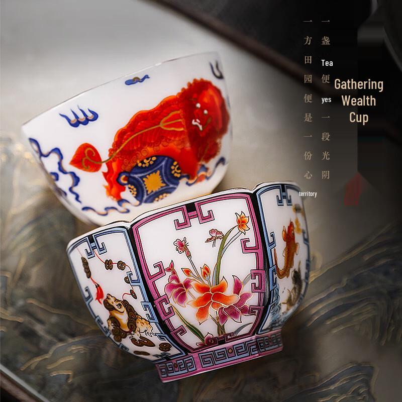 Wealth-Gathering Six-Sided Ceramic Tea Cup