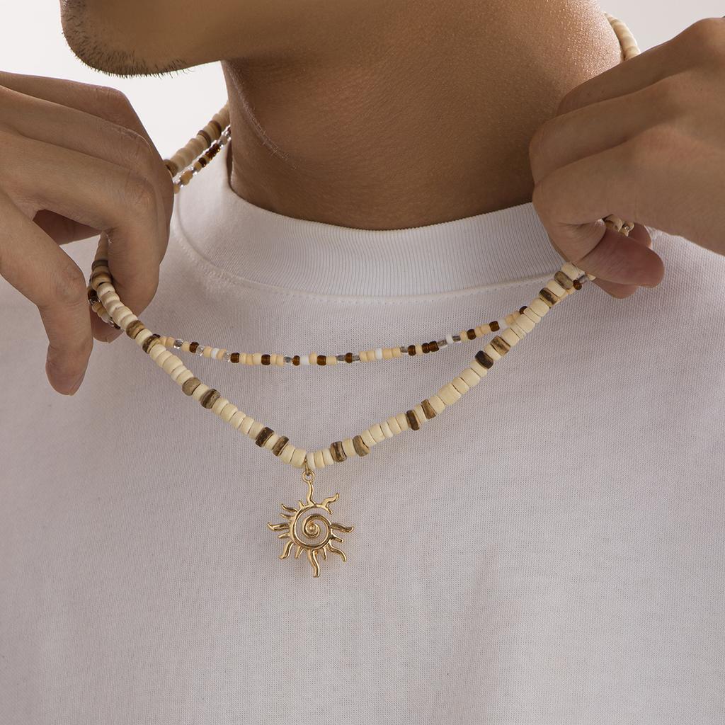 Ingemark 2Pcs/Set Boho Seed Beads Wooden Chain Necklace for Men Collar Goth Sunflower Pendant Choker Aesthetic Y2K Jewelry Gift