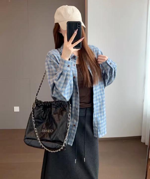 Blauw Ruitjes Hart Geborduurd Dik Katoen Lange Mouwen Shirt - Nieuwe Winter Collectie