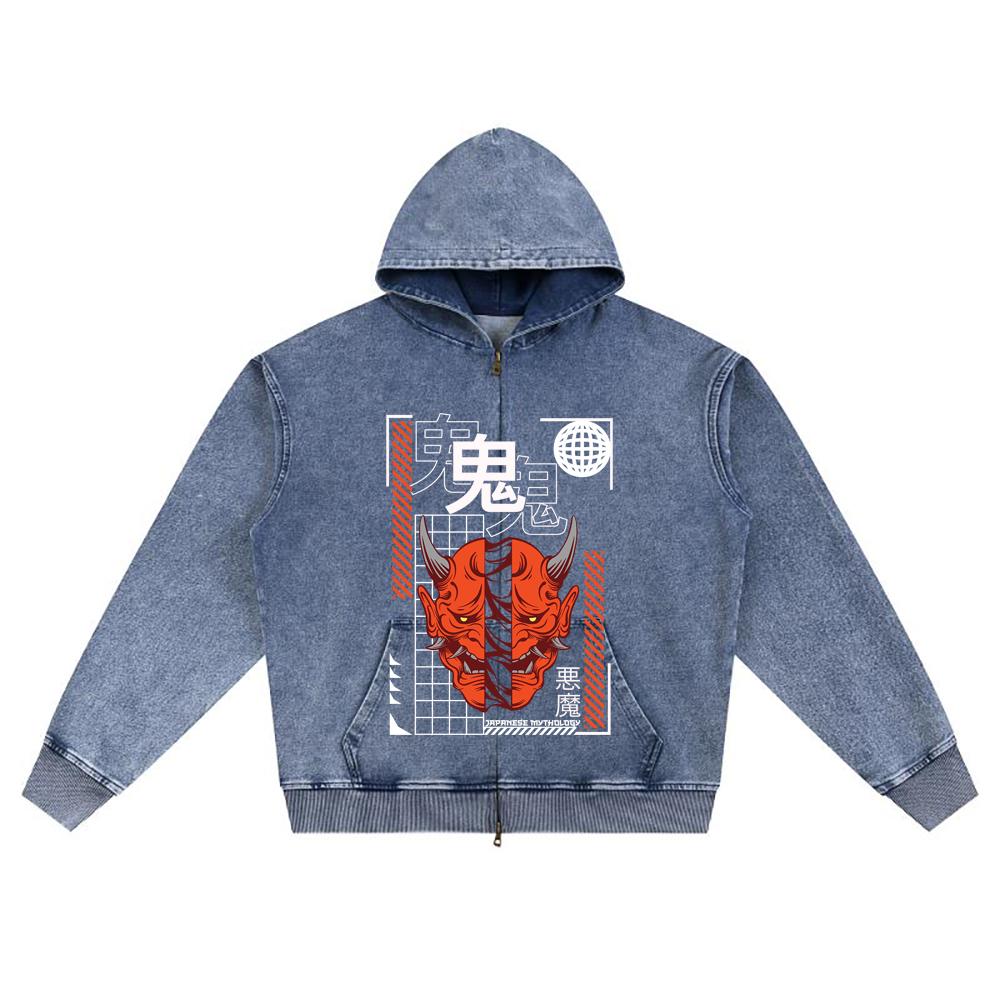 DTG print Knitted Denim Zip-Up Hoodie japanese_streetwear 4 Brother Print Zipper Hoodies  