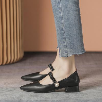 Professional Black Small Leather Shoes Women's Style Year Pointed Head Shallow Mouth Thick Heel Single Shoes Women