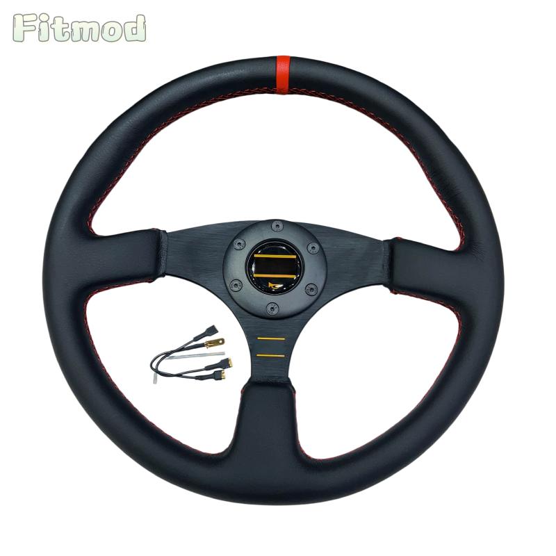 JDM 14-inch 350MM Racing Modified Leather Steering Wheel, Flat Drift Sports Game Steering Wheel PCD70MM