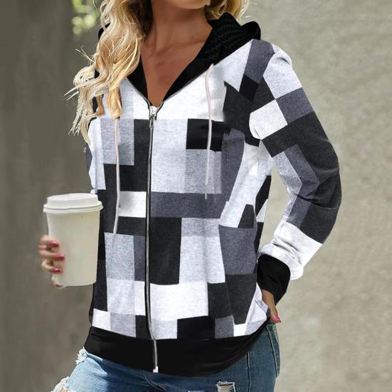 Autumn Women Hoodies Fashion Plaid Pattern Zipper Placket Cardigan Jacket Regular Fit