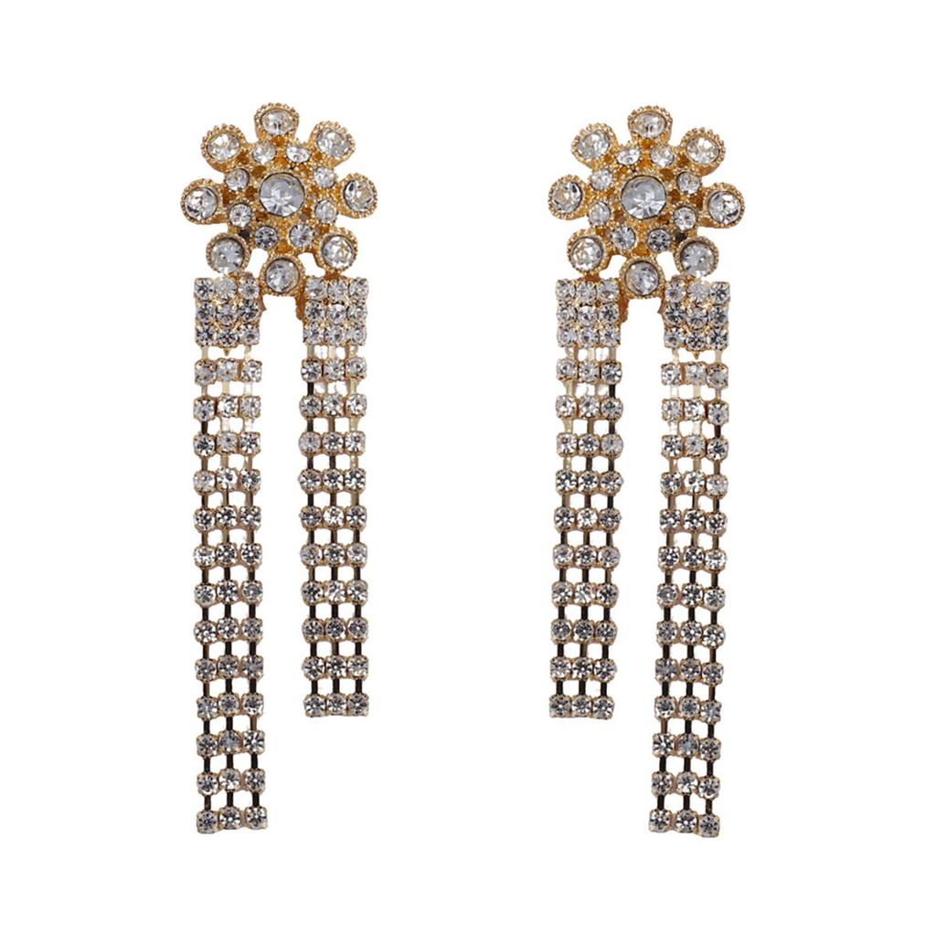 Exquisite Light Luxury Fashion Heavy Industry Alloy Full Diamond Tassel Claw Chain Flower Shiny Long Women's Earrings