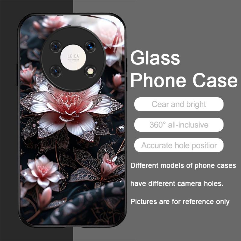 Vintage Floral Stylish Lotus Flower Tempered Glass Phone Case for Huawei Nova 13 12 SE 11 10 Pro Mate 40 30 P60 P50 P40 5G Cover