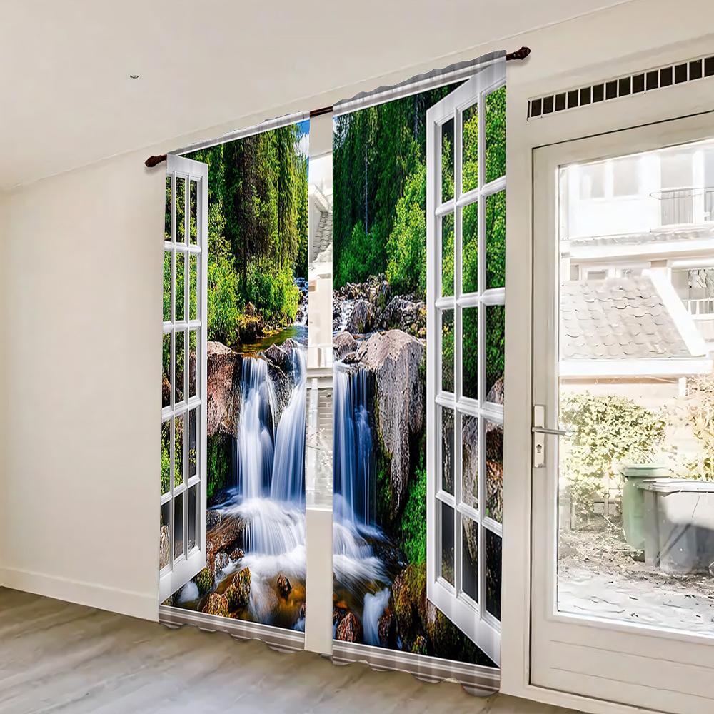 Forest Waterfall Curtain Green Rainforest Tropical Tree Plant Jungle Nature Scenery Landscape Window Drapes Curtains Set Of 2 Made Polyester