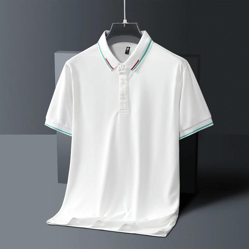 Minimalist Fashion Trend Summer Solid Color Polo Collar Ice Silk Men's Button Short Sleeve Loose Business T-shirt Topss