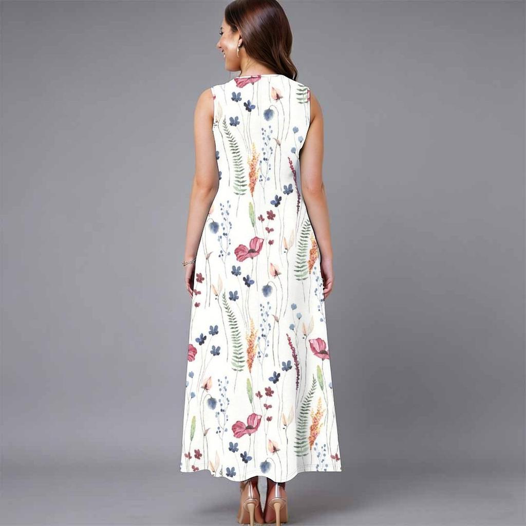 Women Plus Size Sleeveless Round Neck Dress Charming Floral Pattern Loose Mid Calf Gown