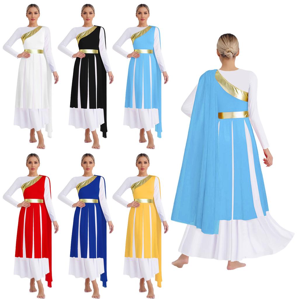 Dámské Lyrické Worship Praise Taneční Šaty S-XXL Jedno Rameno Volán Bez Rukávů Kovový Lesklý Patchwork Rozparek Dole Tunika Kostým