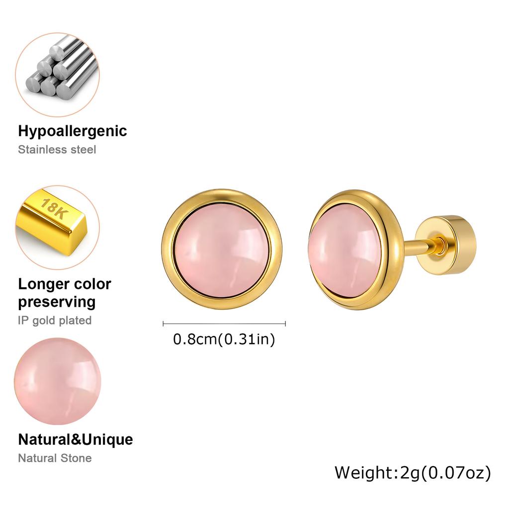 Minimalist Natural Stone Stud Earrings for Men Women,Gold Plated Stainless Steel Round Stud Earrings,Anti Allergy Earrings Gift