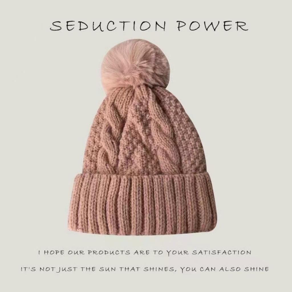 Warm Hat, Knitted Hat, Women's Hat, Large Wool Ball, Woolen Hat, Plush Hat, Thick Hat, Outdoor Hat
