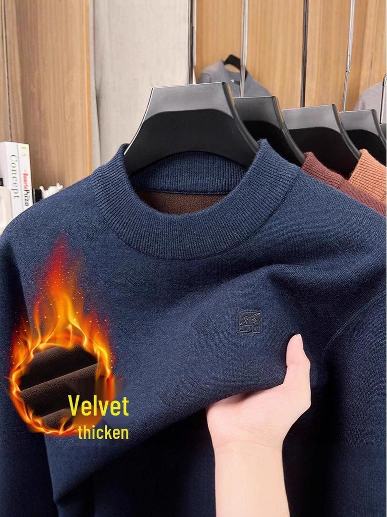 Men's Half-High Collar Jacquard Sweater with Velvet Lining - Warm, Skin-Friendly Knit Base Layer for Fall/Winter