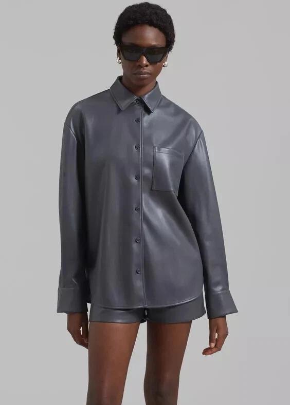 Oversized Women's Shirt Stylish Leather Soft Genuine Lambskin Grey Formal Handmade