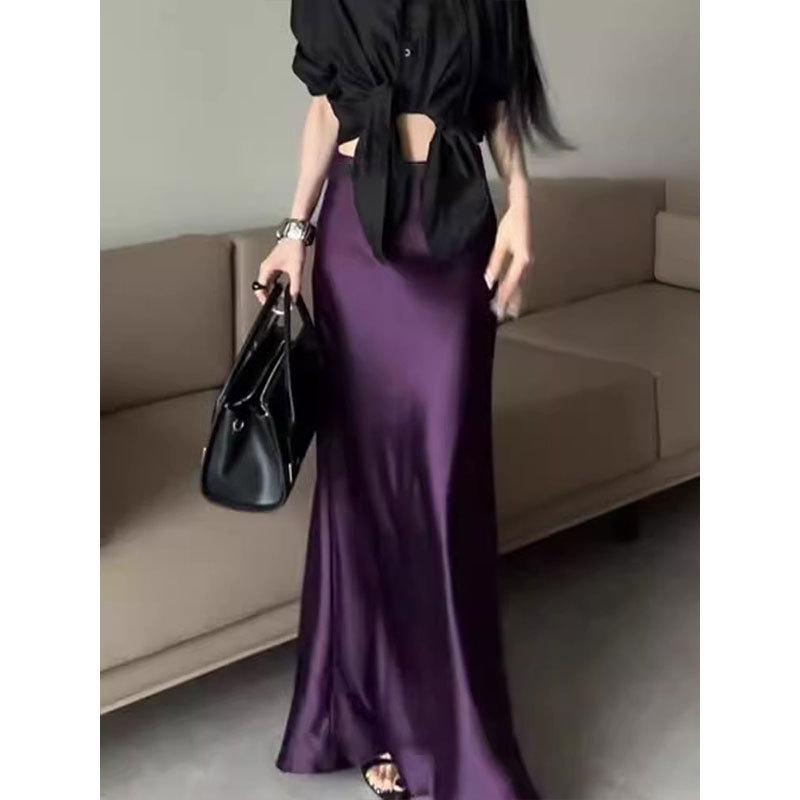 2025 Apricot French Acetate Satin High-Waisted Hip-Hugging Fishtail Midi Skirt for Women - Slimming Summer Style Large темно-фиолетового