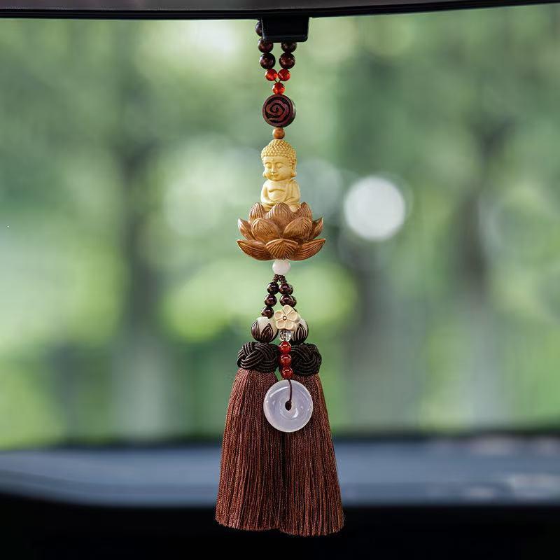 Boxwood Small Buddha Car Pendant - Peaceful Rearview Mirror Decoration