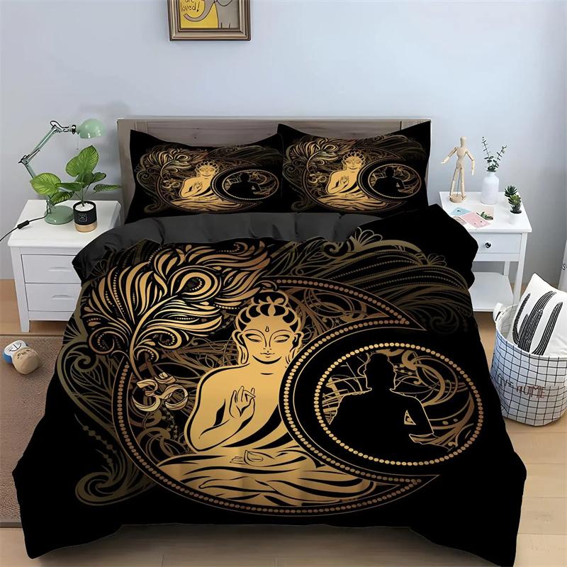 Mandala Buddha Duvet Cover Set King Size Exotic Ethnic Bohemian Bedding Set Golden Black Lotus Flowers Print Gorgeous Women Men