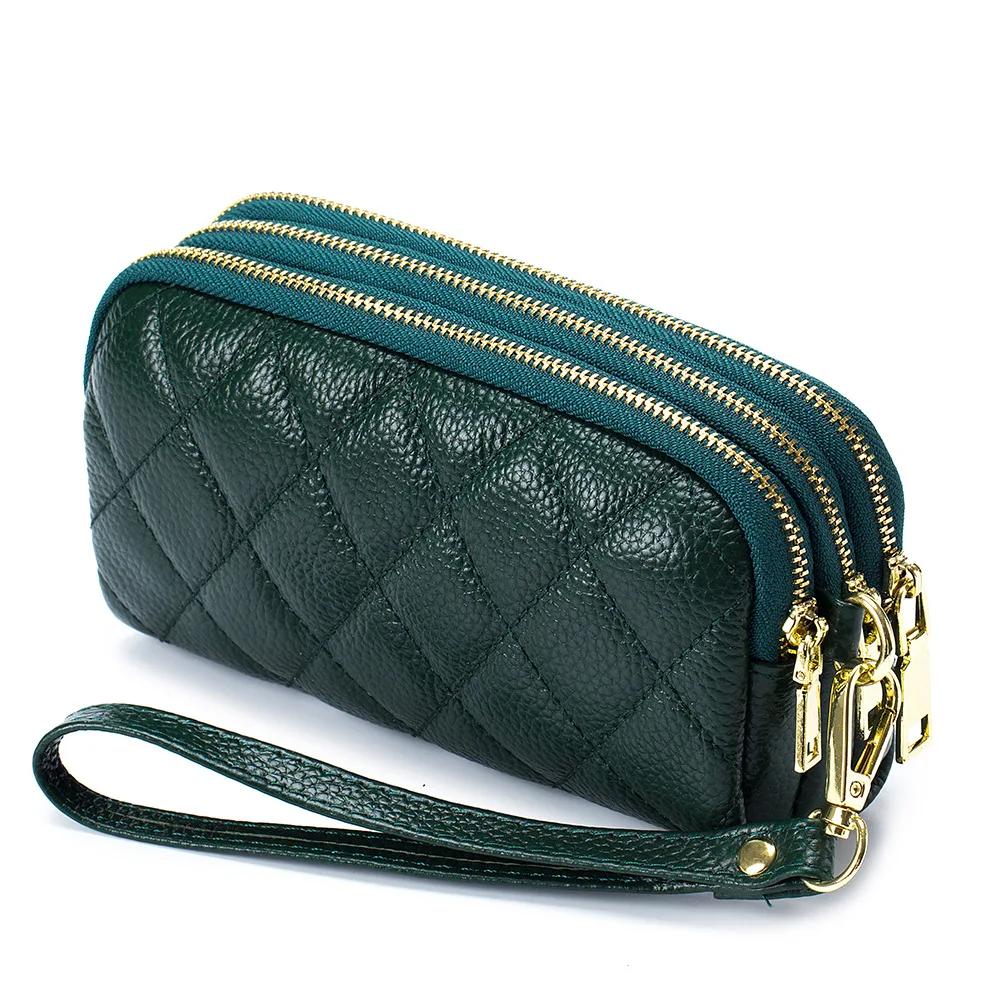 Damen Clutch aus echtem Leder Oberlederschicht lange Geldbörse dreilagige multifunktionale gesteppte Handytasche