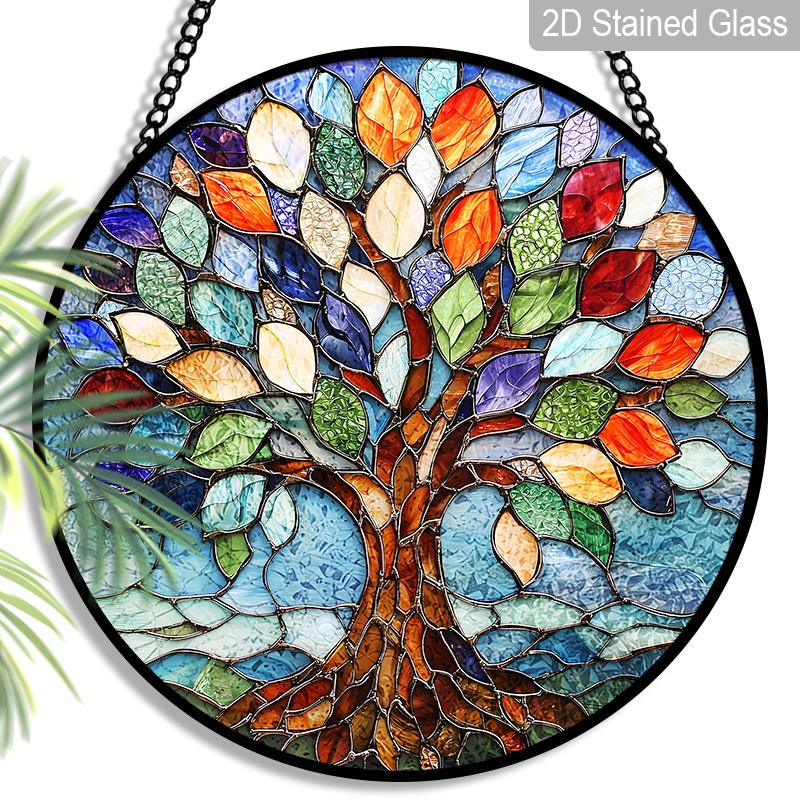 2D Flat, 1pc Rainbow Tree of Life Round Glass Suncatcher, Colorful Life of Tree Stained Glass Style Window Hanging, Multicolor Leaves Design with